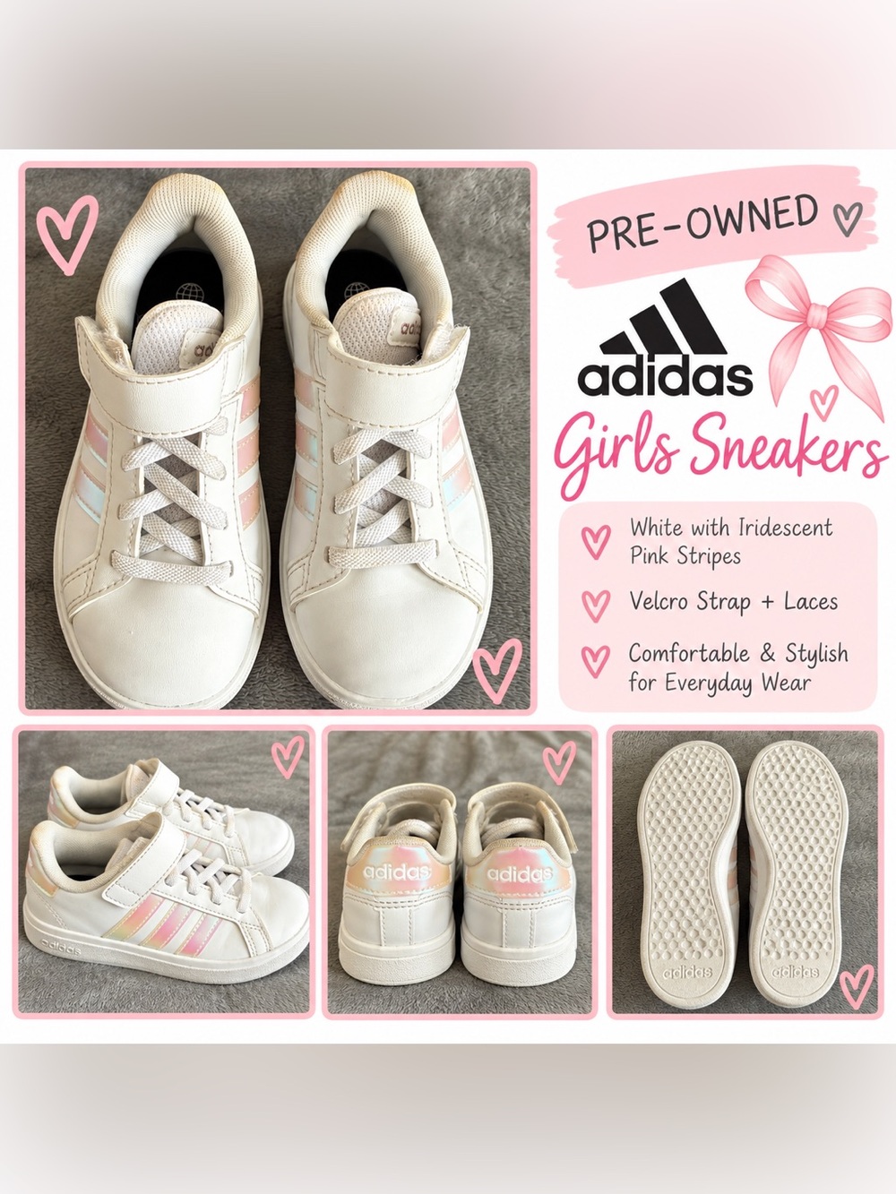 adidas White Sneakers with Pink Iridescent Stripes - Kids